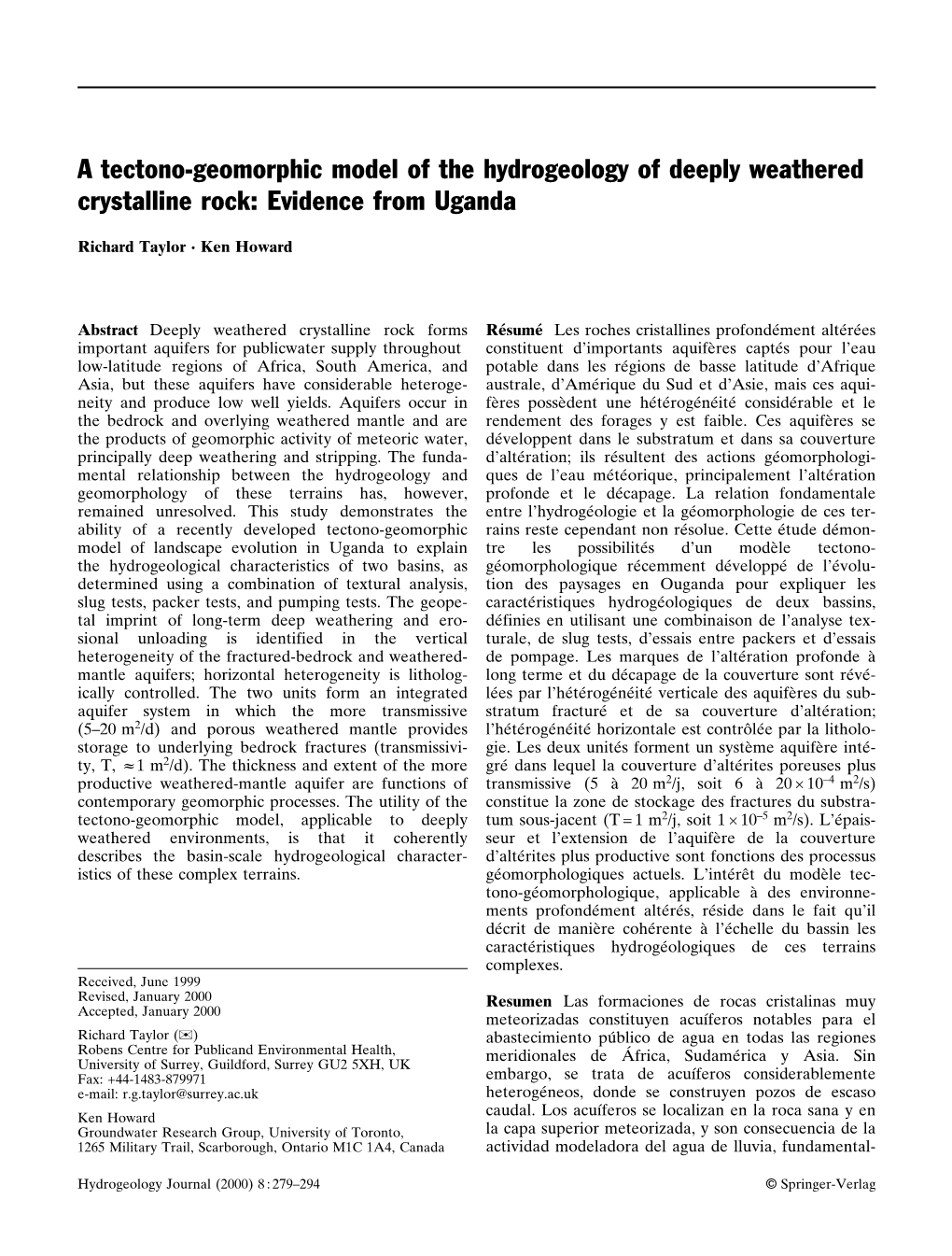 A Tectono-Geomorphic Model of the Hydrogeology of Deeply Weathered Crystalline Rock: Evidence from Uganda