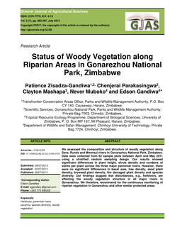 Status of Woody Vegetation Along Riparian Areas in Gonarezhou National Park, Zimbabwe