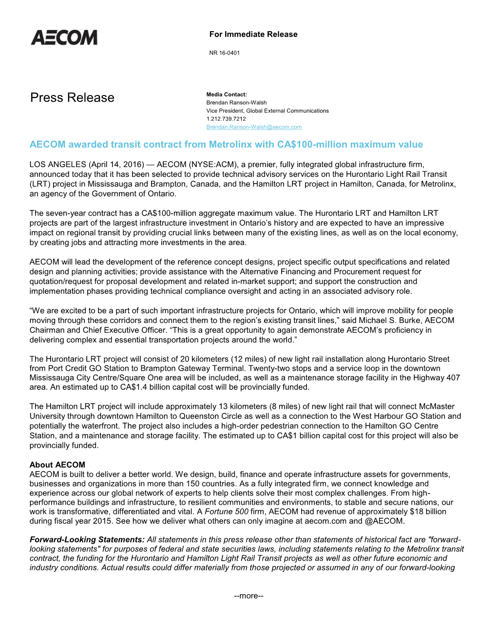 Press Release Brendan Ranson-Walsh Vice President, Global External Communications 1.212.739.7212 Brendan.Ranson-Walsh@Aecom.Com