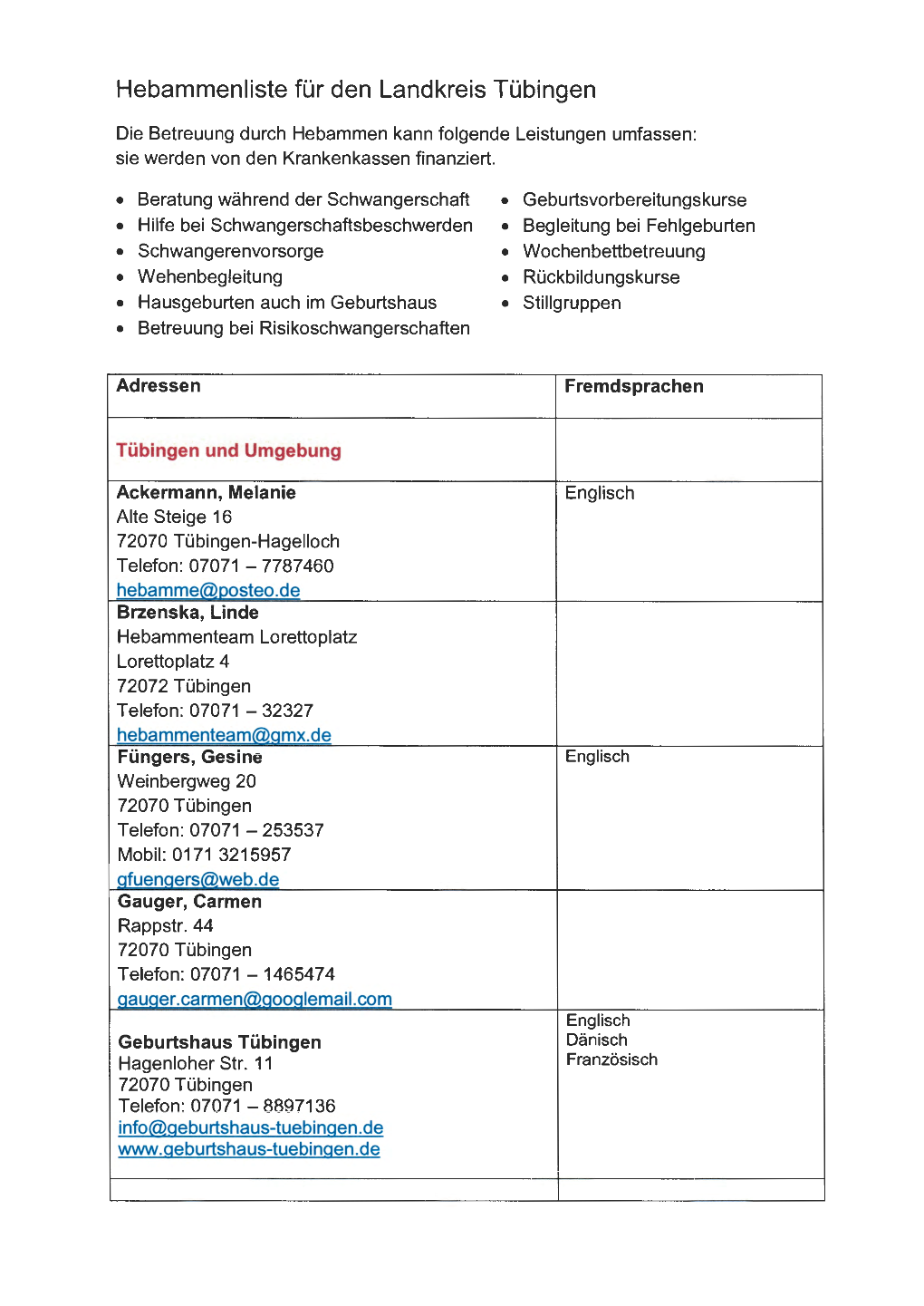 Hebammenliste Für Den Landkreis Tübingen