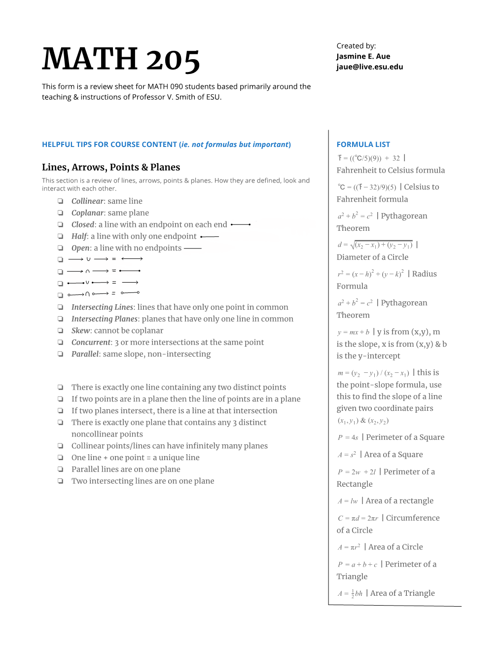 MATH 205 Jaue@Live.Esu.Edu This Form Is a Review Sheet for MATH 090 Students Based Primarily Around the Teaching & Instructions of Professor V