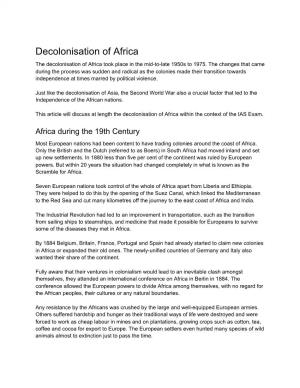 Decolonisation of Africa the Decolonisation of Africa Took Place in the Mid-To-Late 1950S to 1975