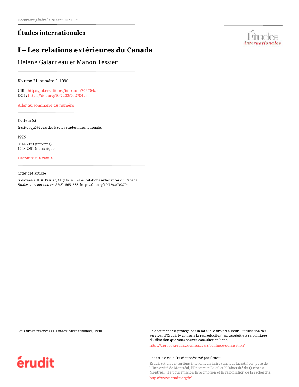 I – Les Relations Extérieures Du Canada Hélène Galarneau Et Manon Tessier