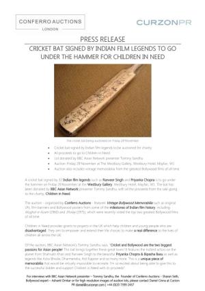 Press Release Cricket Bat Signed by Indian Film Legends to Go Under the Hammer for Children in Need