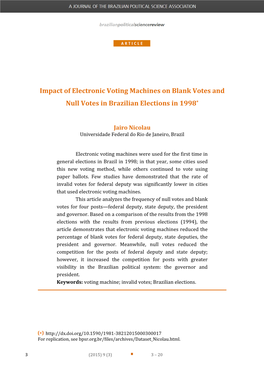 Impact of Electronic Voting Machines on Blank Votes and Null Votes in Brazilian Elections in 1998*