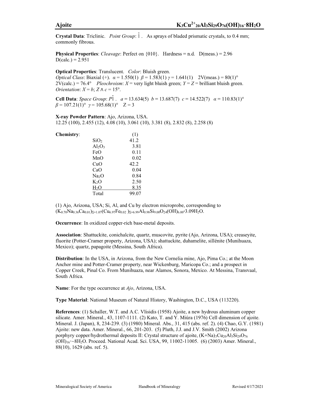 Ajoite K3cu 20Al3si29o76(OH)16·8H2O - Crystal Data: Triclinic