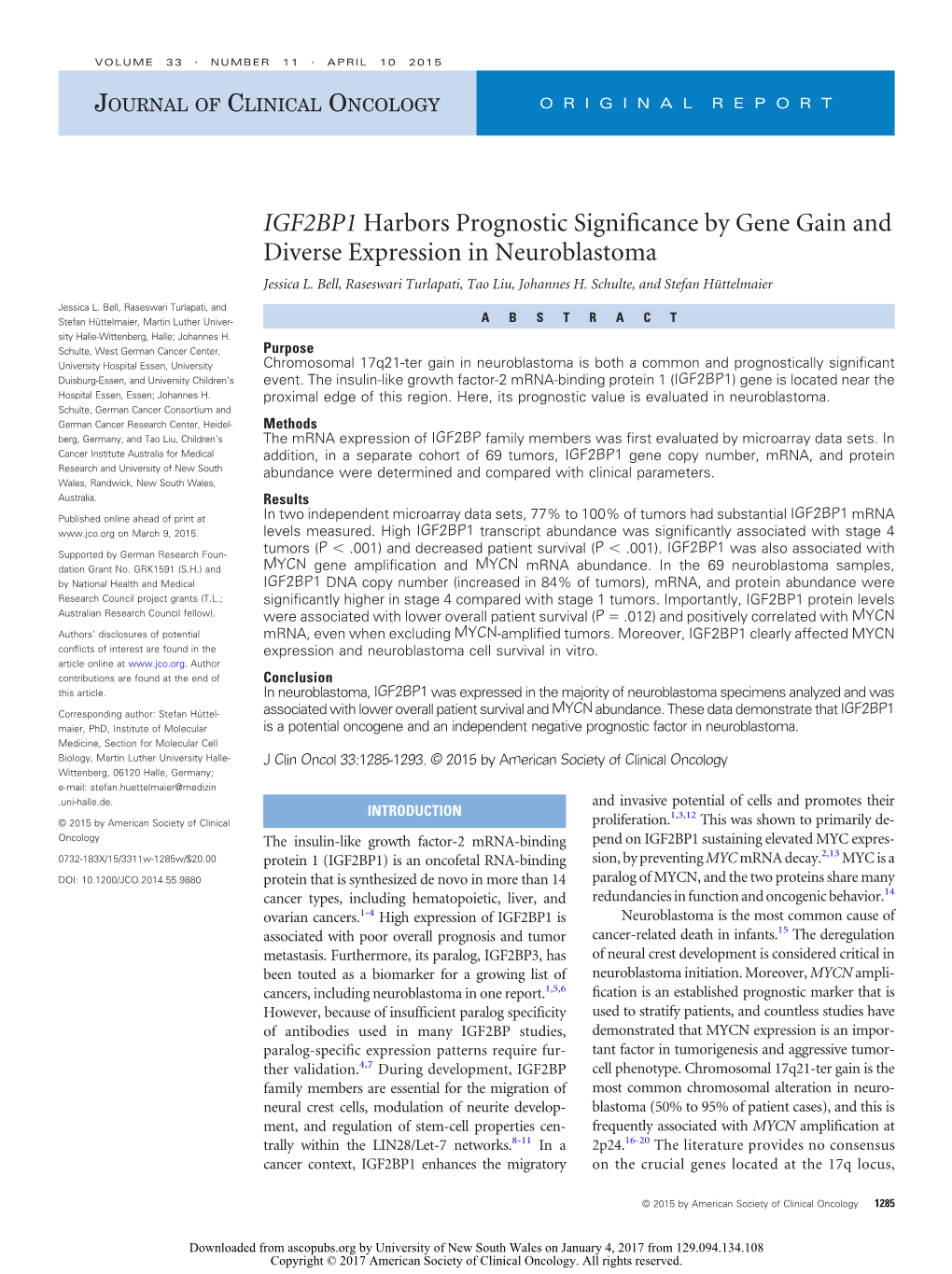 IGF2BP1 Harbors Prognostic Significance by Gene Gain and Diverse Expression in Neuroblastoma