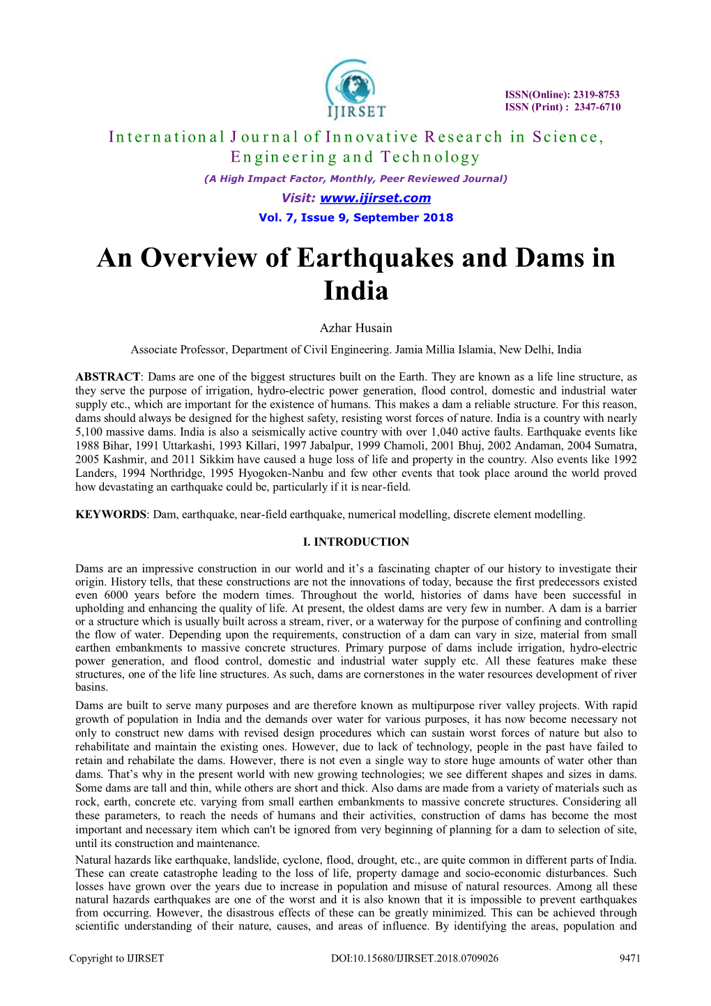 An Overview of Earthquakes and Dams in India