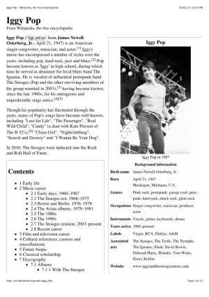 Iggy Pop - Wikipedia, the Free Encyclopedia 20/02/14 10:35 PM Iggy Pop from Wikipedia, the Free Encyclopedia