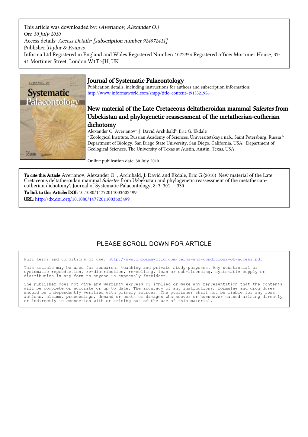 Journal of Systematic Palaeontology New Material of the Late