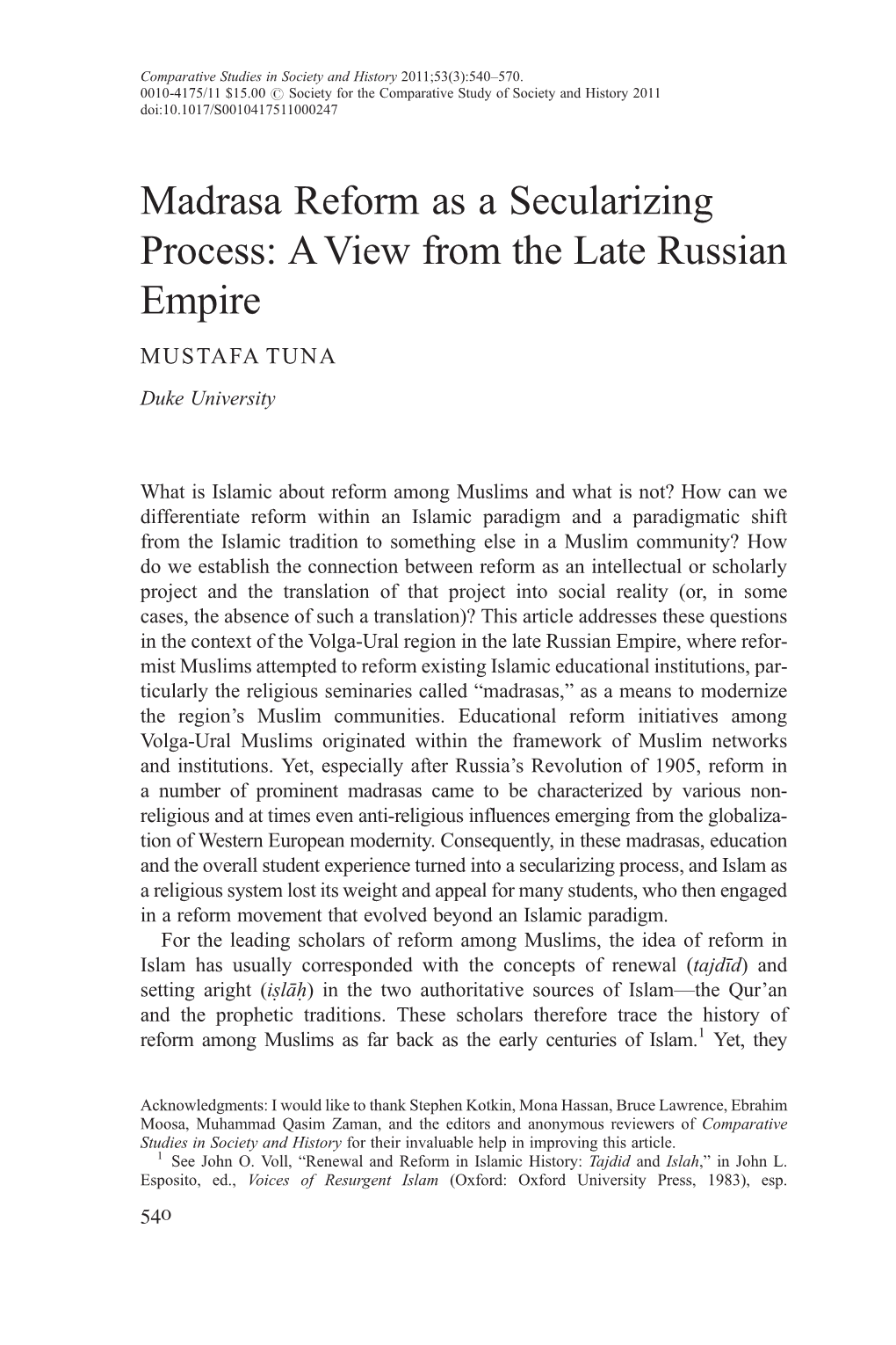 Madrasa Reform As a Secularizing Process: a View from the Late Russian Empire