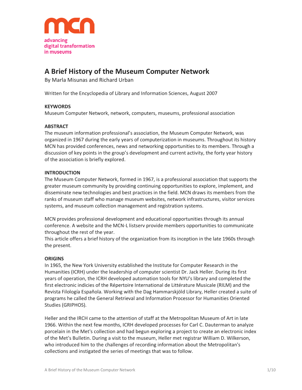 A Brief History of the Museum Computer Network by Marla Misunas and Richard Urban