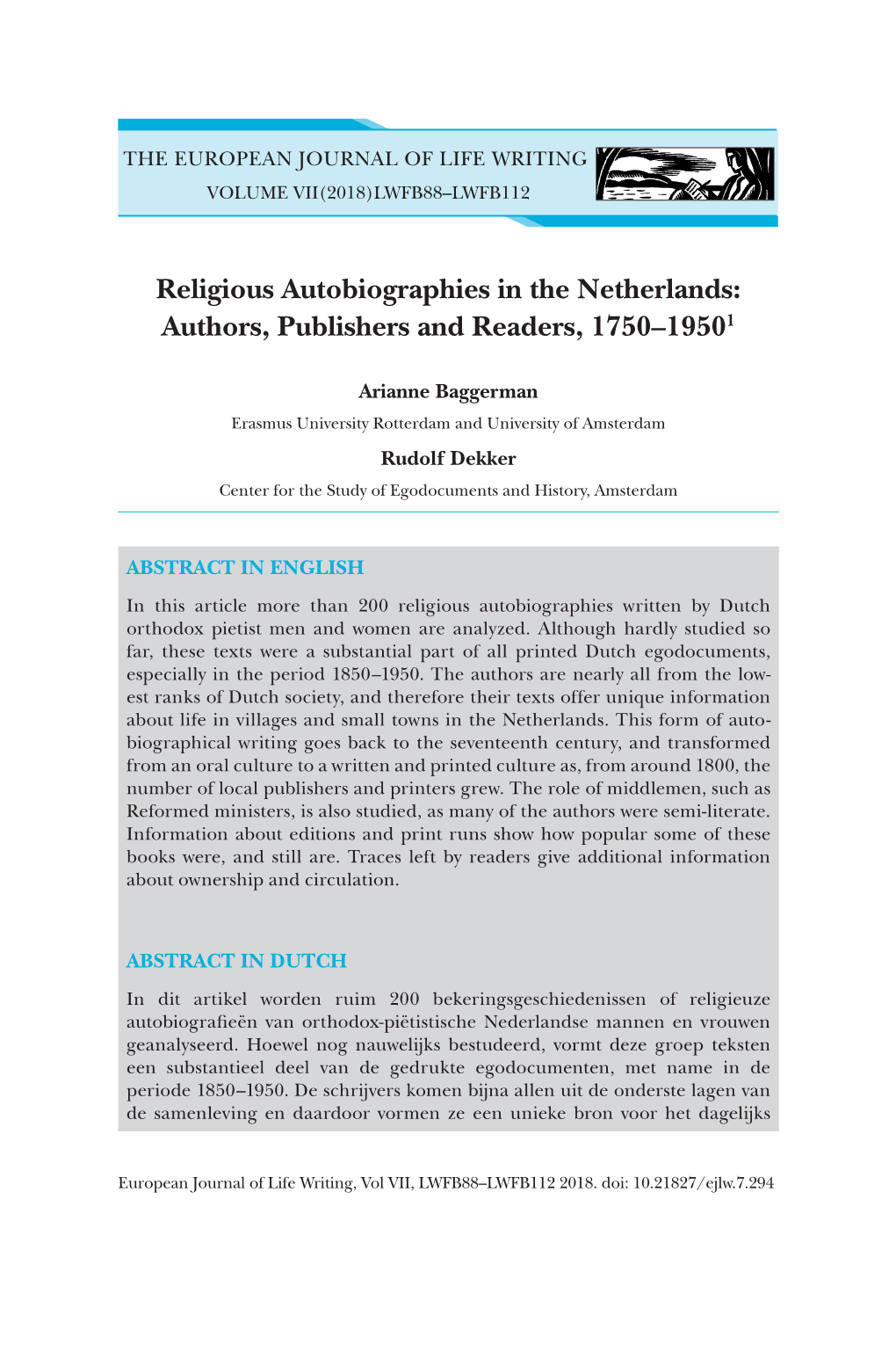 Religious Autobiographies in the Netherlands: Authors, Publishers­ and Readers, 1750–19501