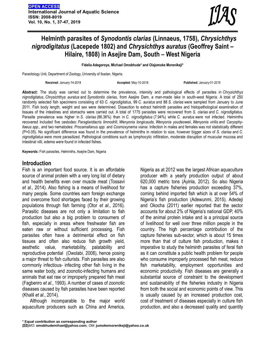 Helminth Parasites of Synodontis Clarias (Linnaeus, 1758)