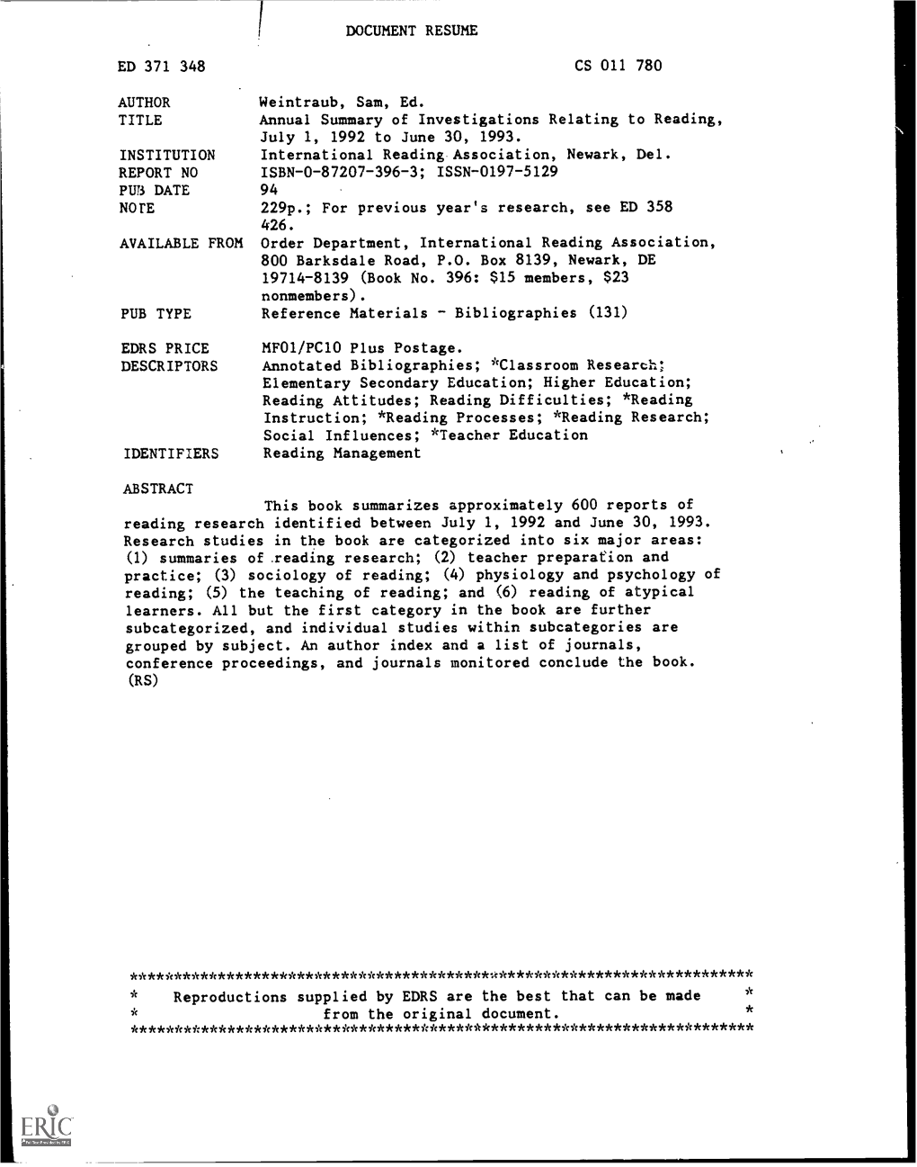 Annual Summary of Investigations Relating to Reading, July 1, 1992 to June 30, 1993