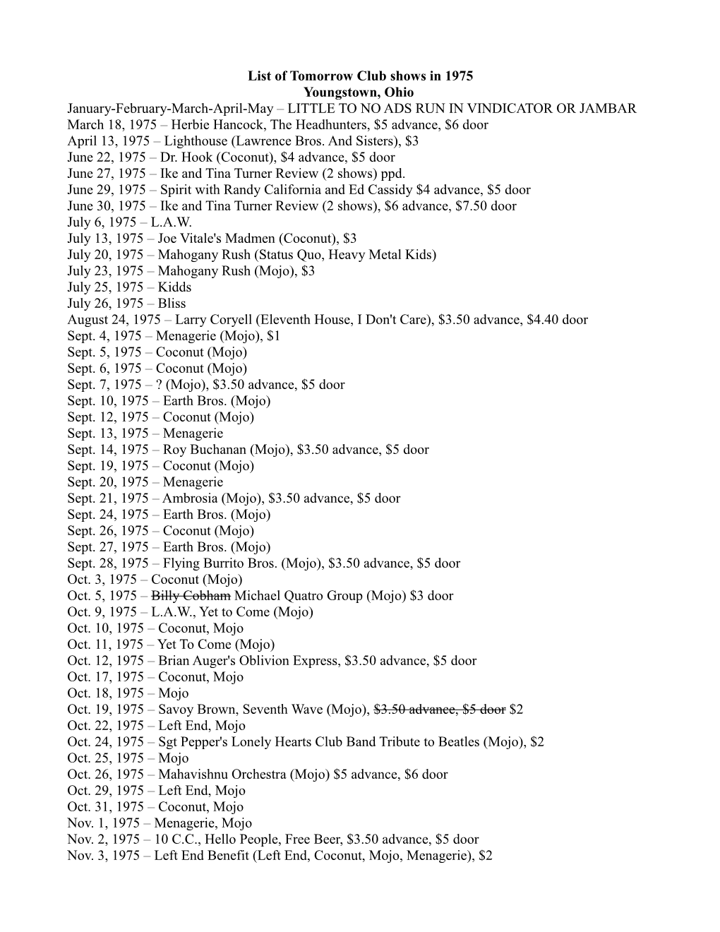 List of Tomorrow Club Shows in 1975 Youngstown, Ohio January