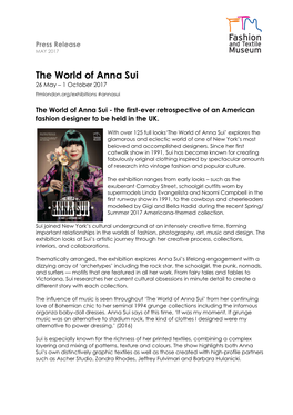 The World of Anna Sui 26 May – 1 October 2017 Ftmlondon.Org/Exhibitions #Annasui