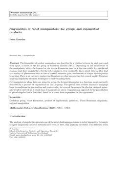 Singularities of Robot Manipulators: Lie Groups and Exponential Products