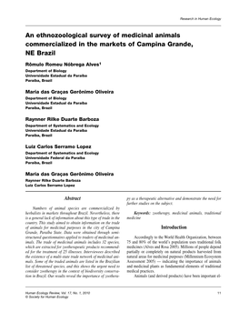 An Ethnozoological Survey of Medicinal Animals Commercialized in the Markets of Campina Grande, NE Brazil