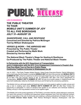 The Public Theater to Tour Mobile Unit's Summer of Joy