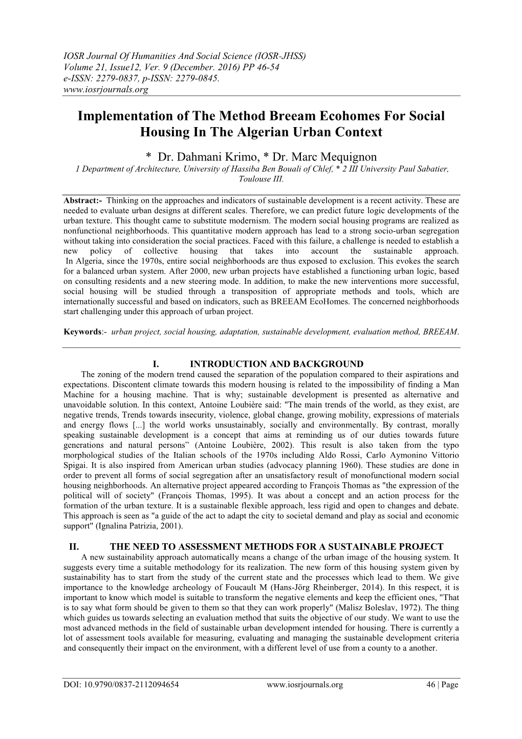 Implementation of the Method Breeam Ecohomes for Social Housing in the Algerian Urban Context