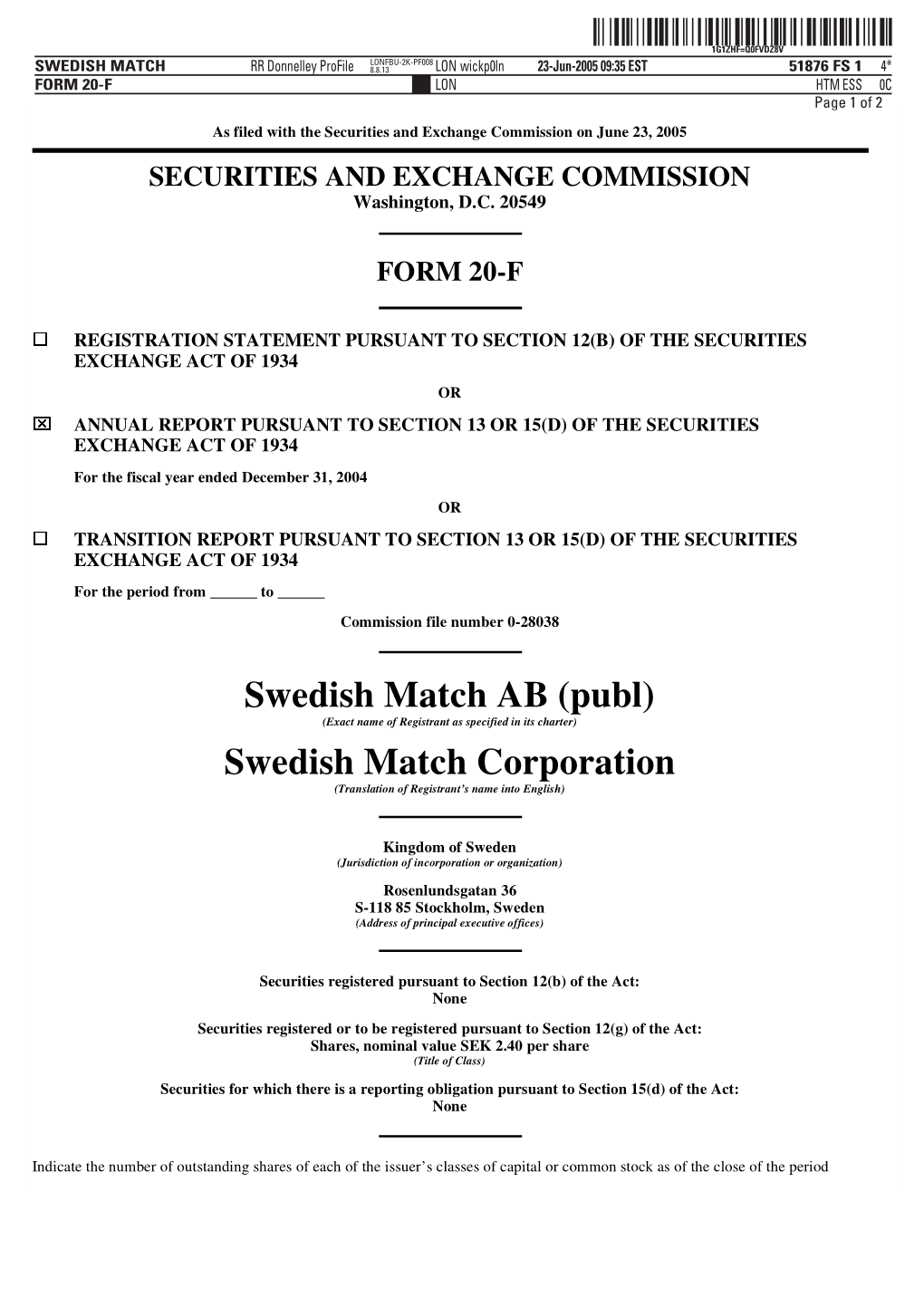 Swedish Match AB (Publ) Swedish Match Corporation