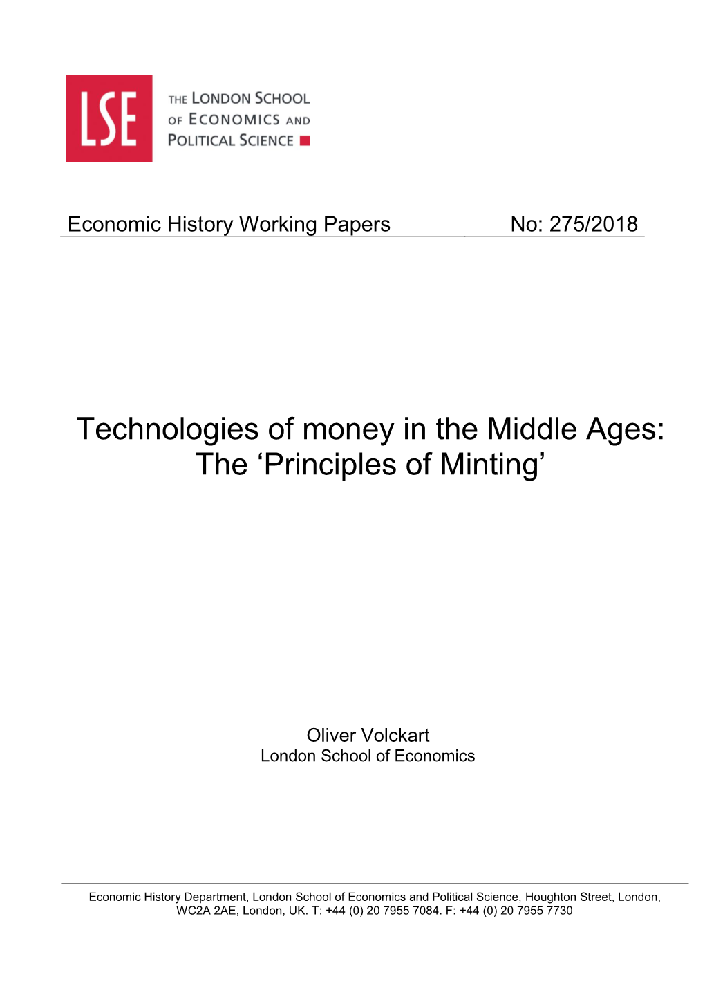 Technologies of Money in the Middle Ages: the 'Principles of Minting'