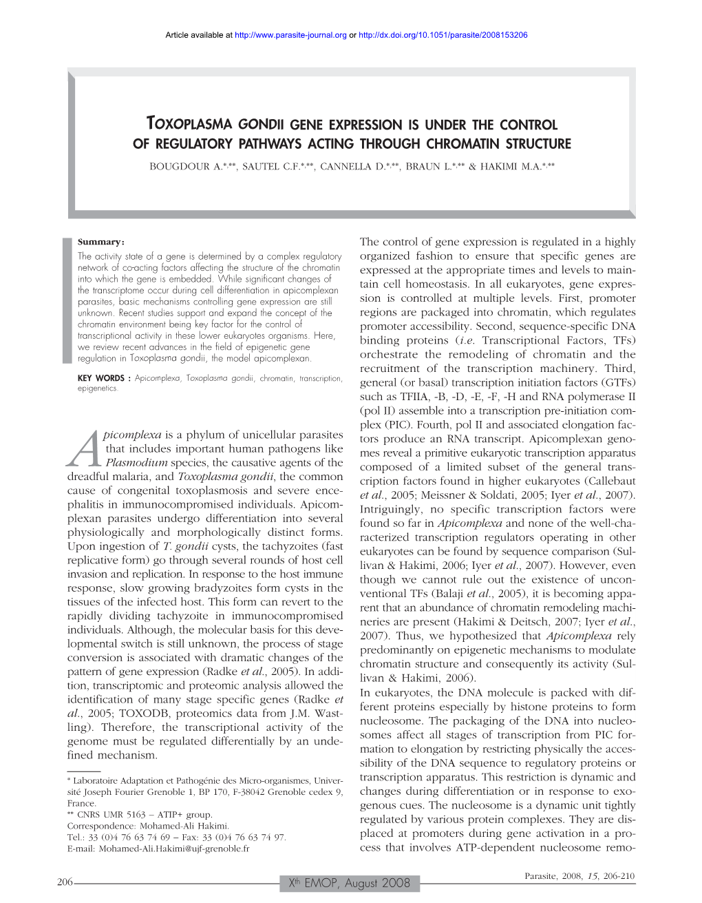 Toxoplasma Gondii Gene Expression Is Under the Control of Regulatory