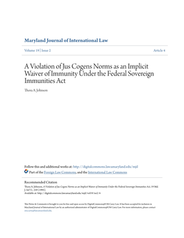 A Violation of Jus Cogens Norms As an Implicit Waiver of Immunity Under the Federal Sovereign Immunities Act Thora A