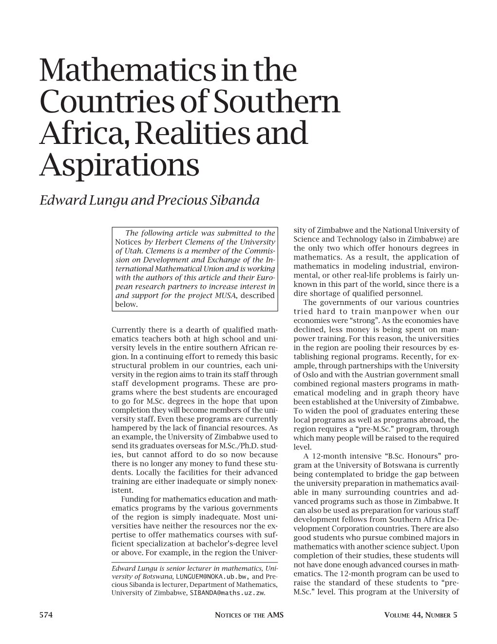 Mathematics in the Countries of Southern Africa, Realities and Aspirations Edward Lungu and Precious Sibanda