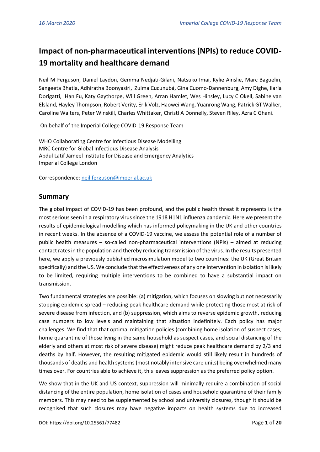 Impact of Non-Pharmaceutical Interventions (Npis) to Reduce COVID- 19 Mortality and Healthcare Demand