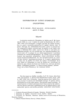 DISTRIBUTION of QUEBEC STONEFLIES (PLECOPTERA) and H. H. Ross Résumé Abstract