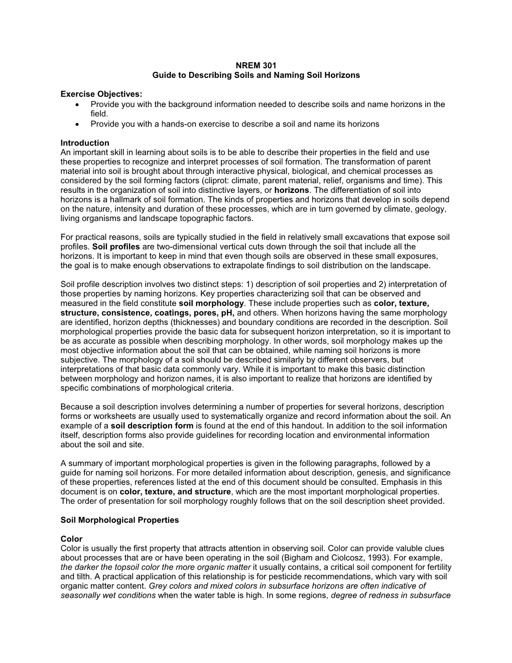 NREM 301 Guide to Describing Soils and Naming Soil Horizons Exercise