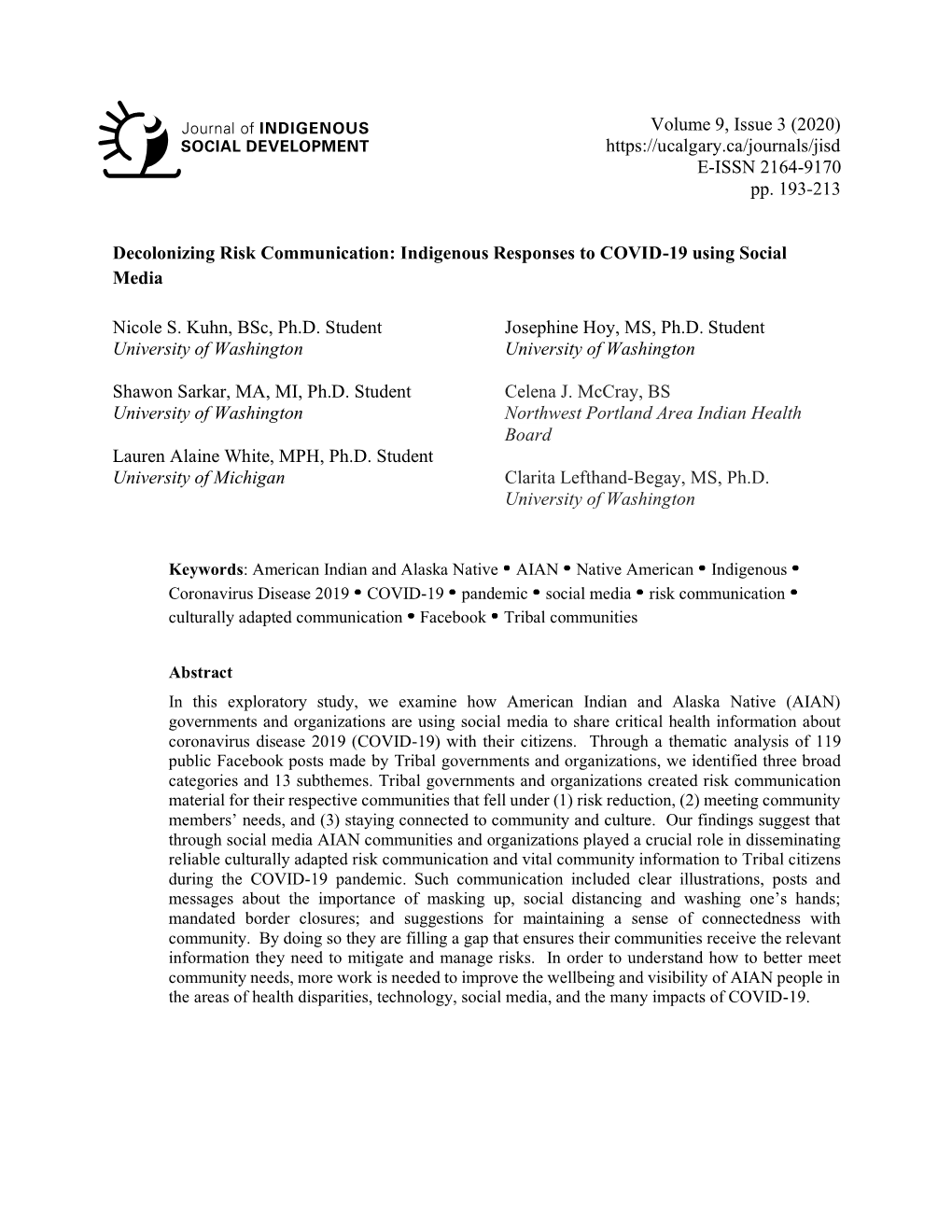 1 Volume 9, Issue 3 (2020) E-ISSN 2164-9170 Pp. 193-213 Decolonizing Risk Communication: Indi