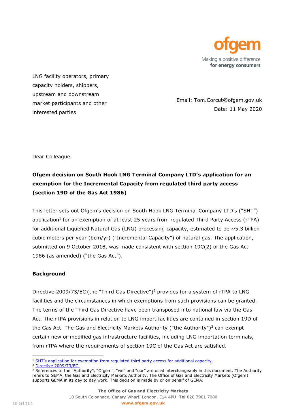 Ofgem Decision on South Hook LNG Terminal Company LTD's