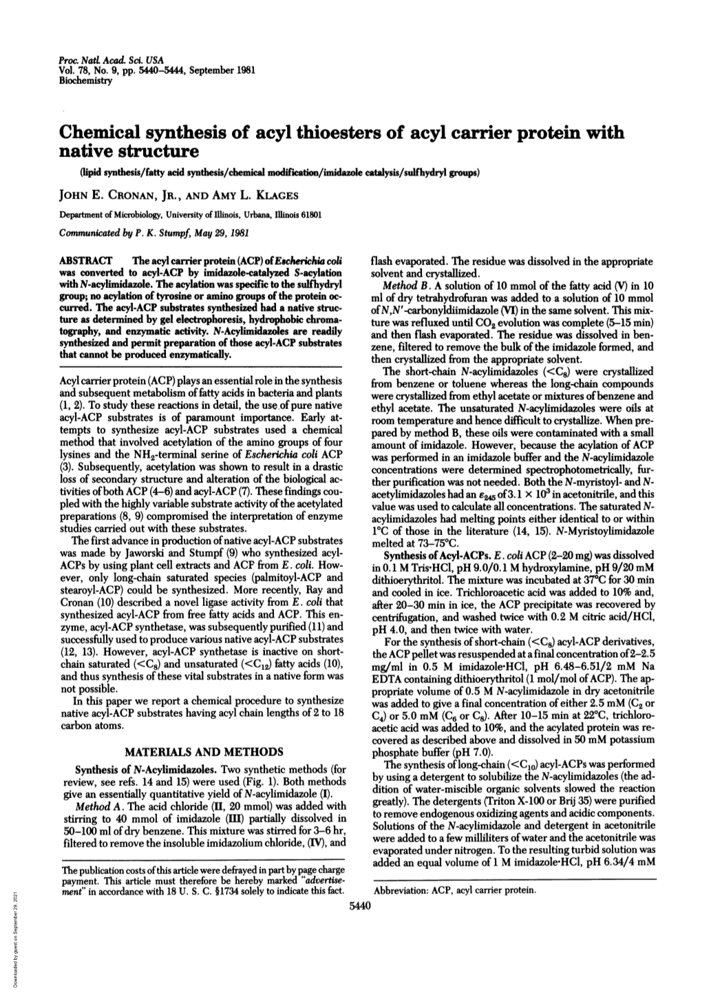 Chemical Synthesis of Acyl Thioesters of Acyl Carrier Protein with Native