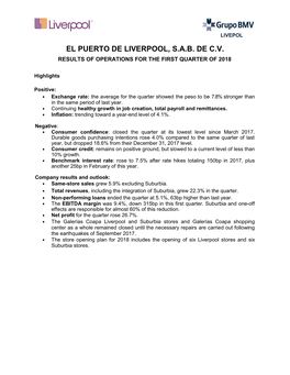 El Puerto De Liverpool, S.A.B. De C.V. Results of Operations for the First Quarter of 2018