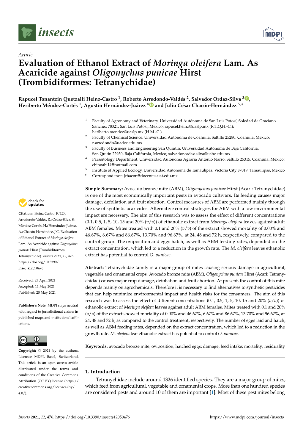 Evaluation of Ethanol Extract of Moringa Oleifera Lam. As Acaricide Against Oligonychus Punicae Hirst (Trombidiformes: Tetranychidae)