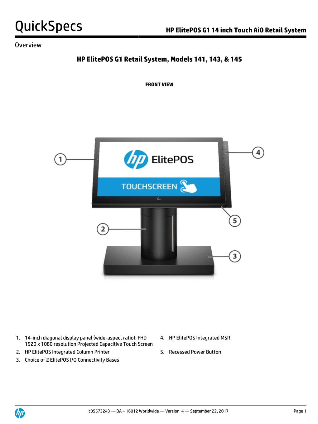 HP Elitepos G1 14 Inch Touch Aio Retail System