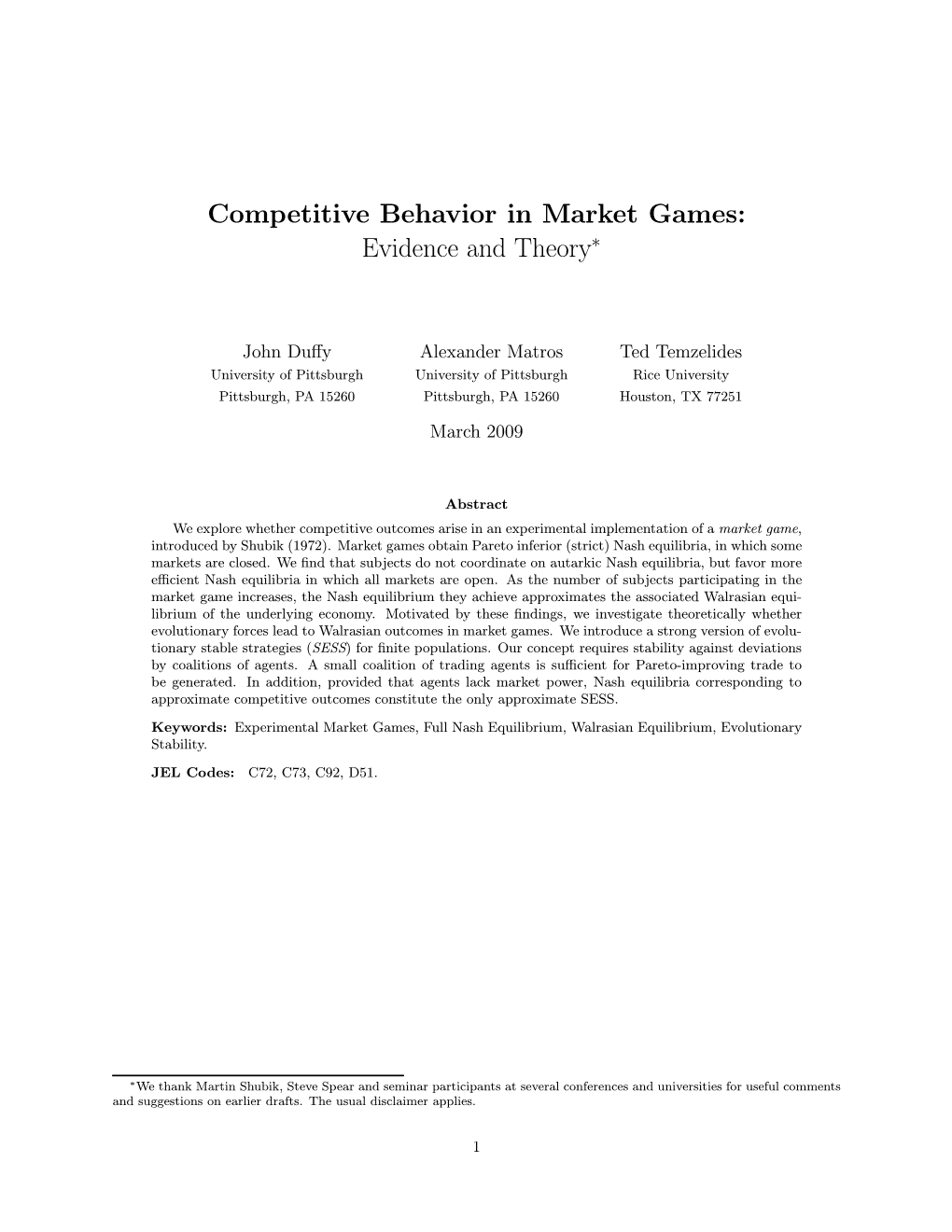 Competitive Behavior in Market Games: Evidence and Theory∗