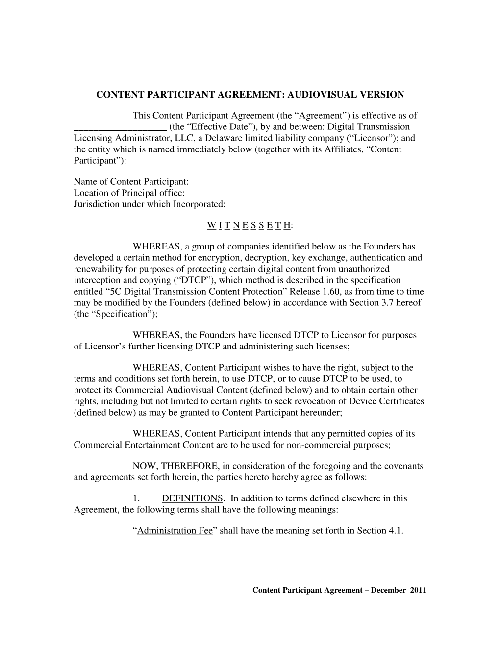 Content Participant Agreement: Audiovisual Version
