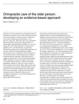 Chiropractic Care of the Older Person: Developing an Evidence-Based Approach