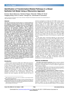 Identification of Transformation-Related Pathways in a Breast Epithelial Cell Model Using a Ribonomics Approach