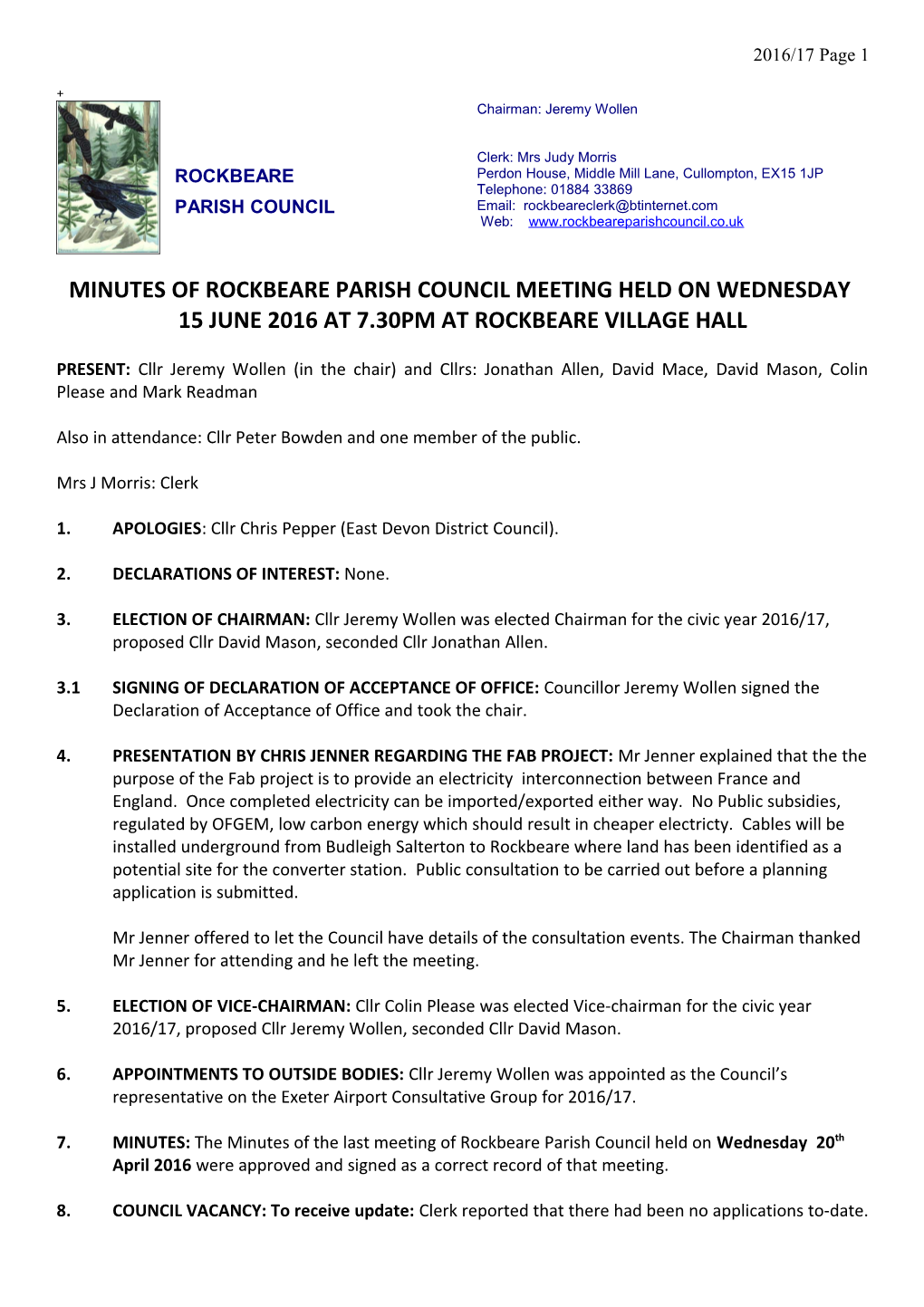 Minutes of Rockbeare Parish Council Meeting Held on Wednesday