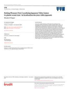 Localizing Japanese Video Games Le Plaisir Avant Tout : La Localisation Des Jeux Vidéo Japonais Minako O’Hagan