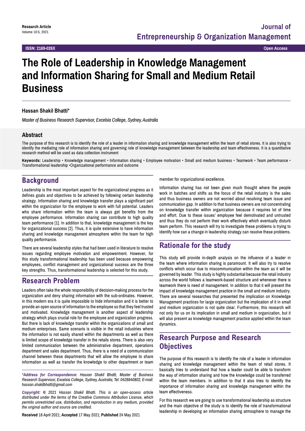 The Role of Leadership in Knowledge Management and Information Sharing for Small and Medium Retail Business
