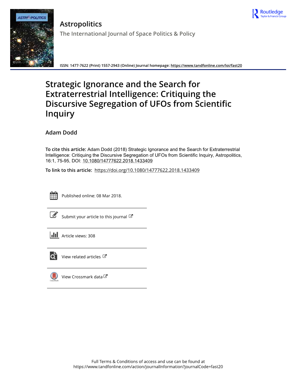 Strategic Ignorance and the Search for Extraterrestrial Intelligence: Critiquing the Discursive Segregation of Ufos from Scientific Inquiry