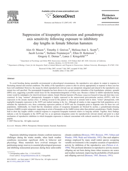 Suppression of Kisspeptin Expression and Gonadotropic Axis Sensitivity Following Exposure to Inhibitory Day Lengths in Female Siberian Hamsters