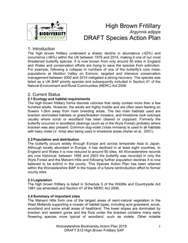 High Brown Fritillary Argynnis Adippe DRAFT Species Action Plan