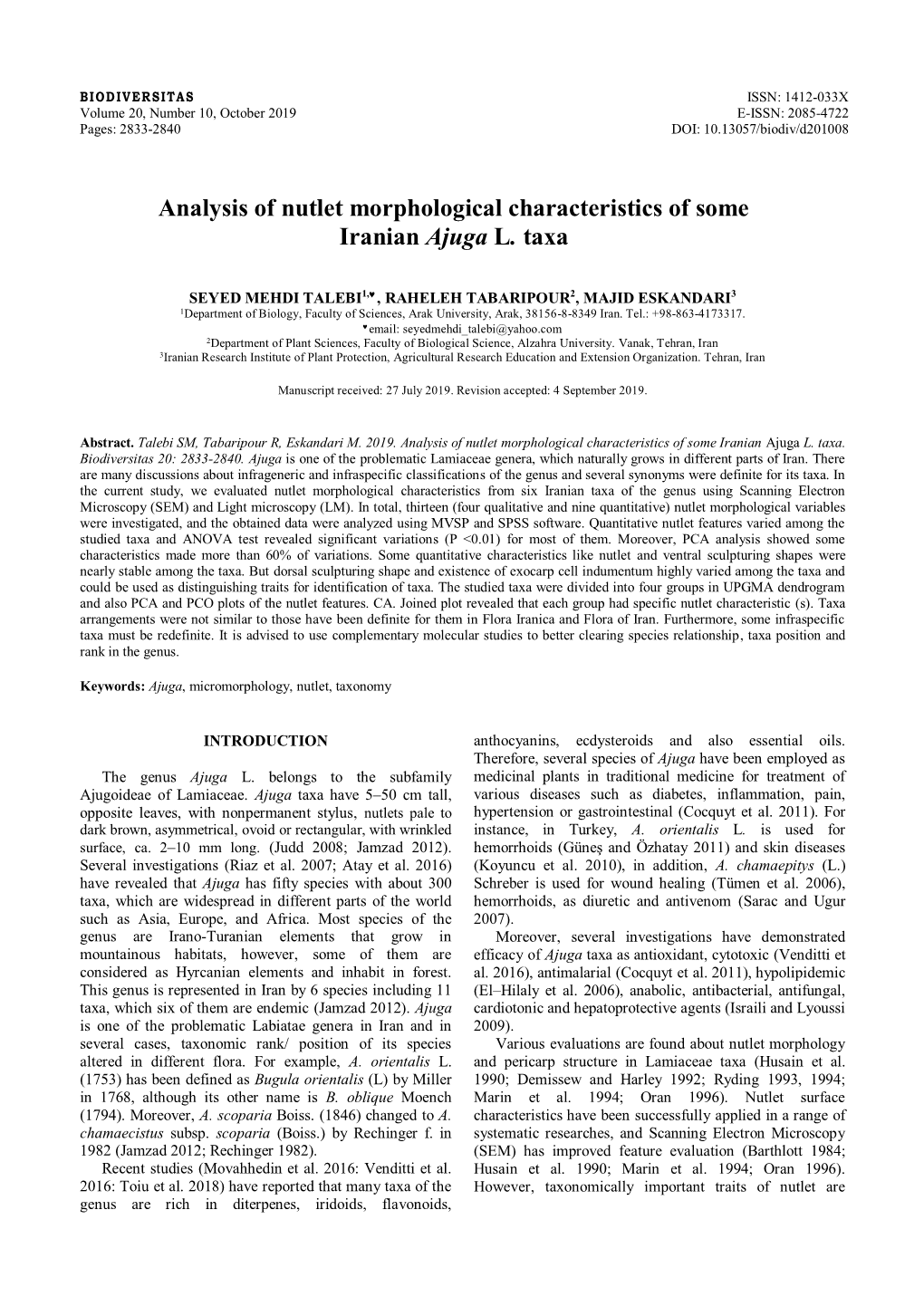 Analysis of Nutlet Morphological Characteristics of Some Iranian Ajuga L